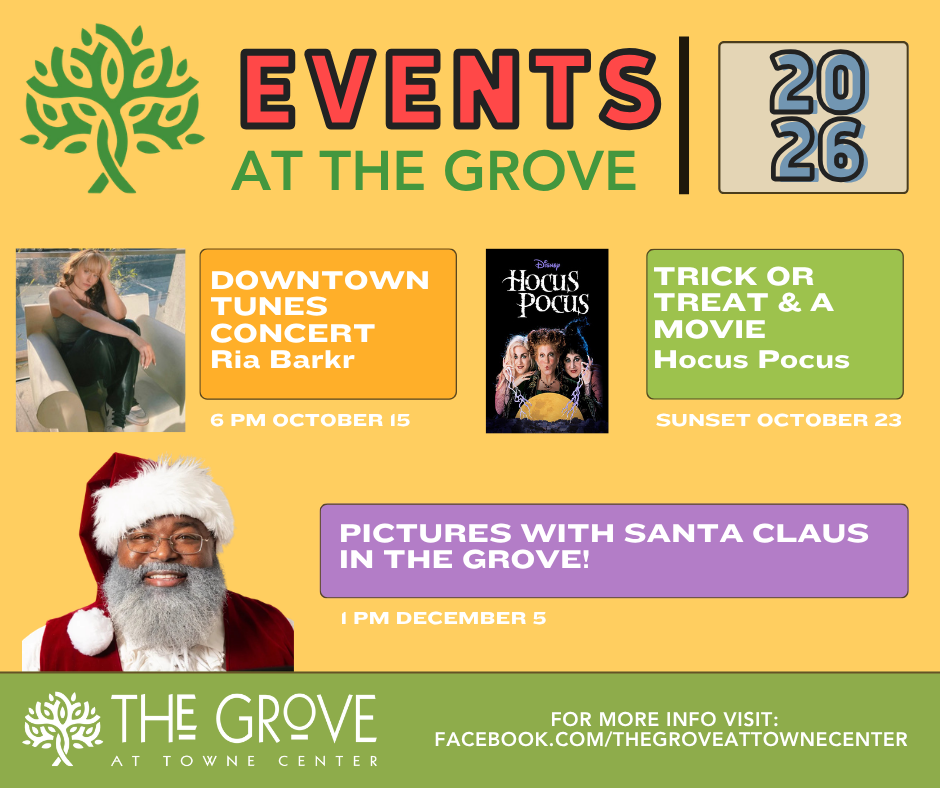 Illustration showing upcoming special events at The Grove at Towne Center.