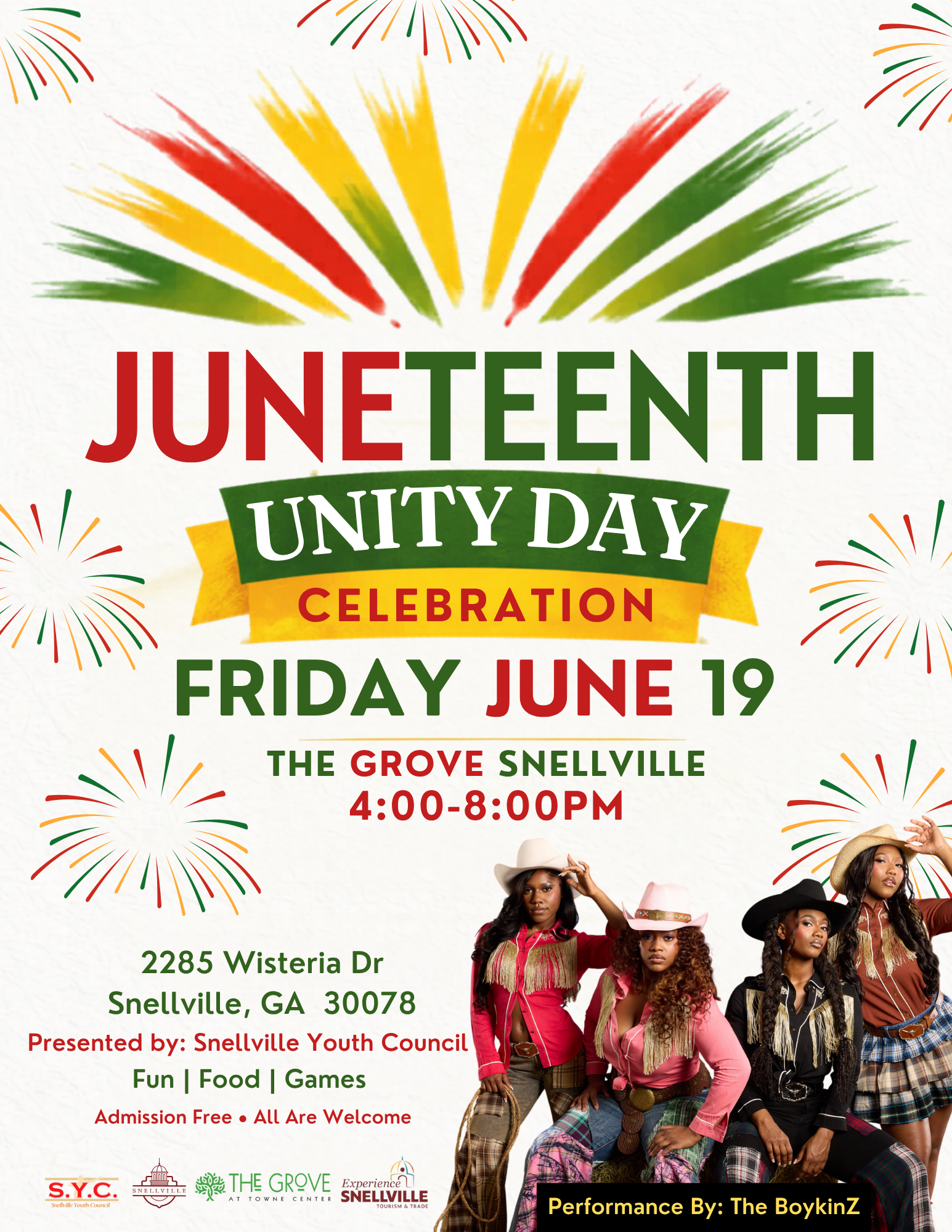 Flyer for the city's 3rd annual Juneteenth event with The Boykinz as the headlining performance.